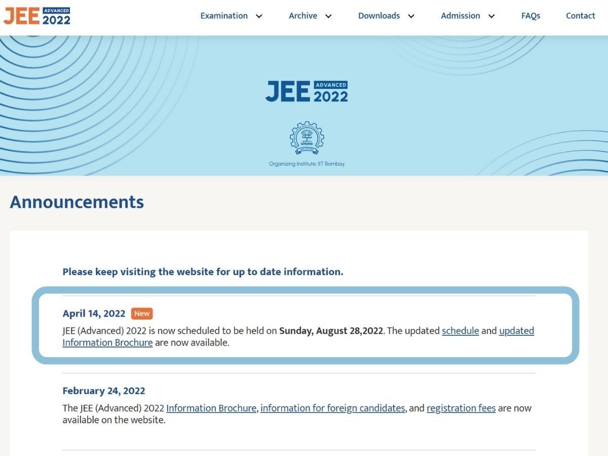 Jee Advanced 2022 Exam Schedule Released At Jeeadv Ac In Check Here