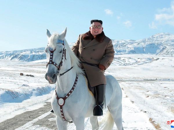 Kim Jong Un rides white horse to climb Mount Paektu in North Korea 