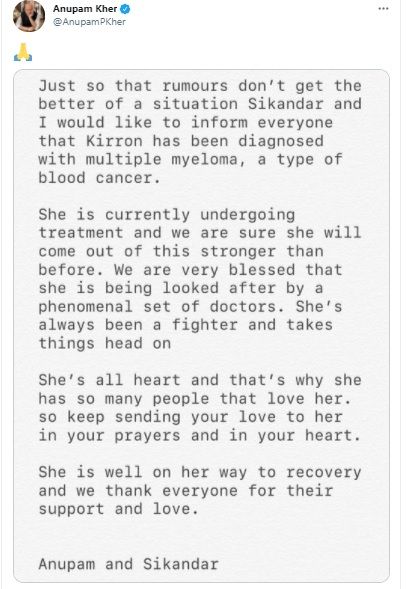 Anupam Kher post about wife cancer