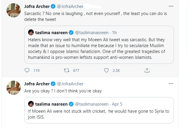 Jofra Archer Taslima Nasreen