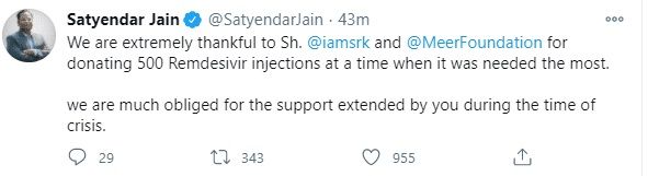 Health Minister Tweet on Shahrukh donation