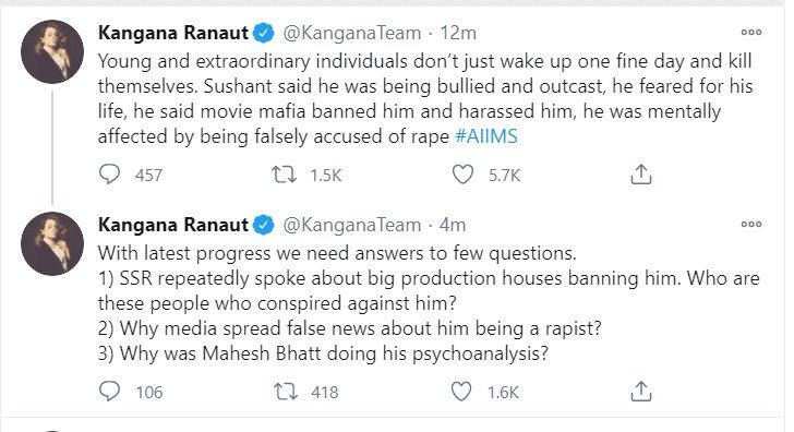 Kangna Tweet on SSR AIIMS report