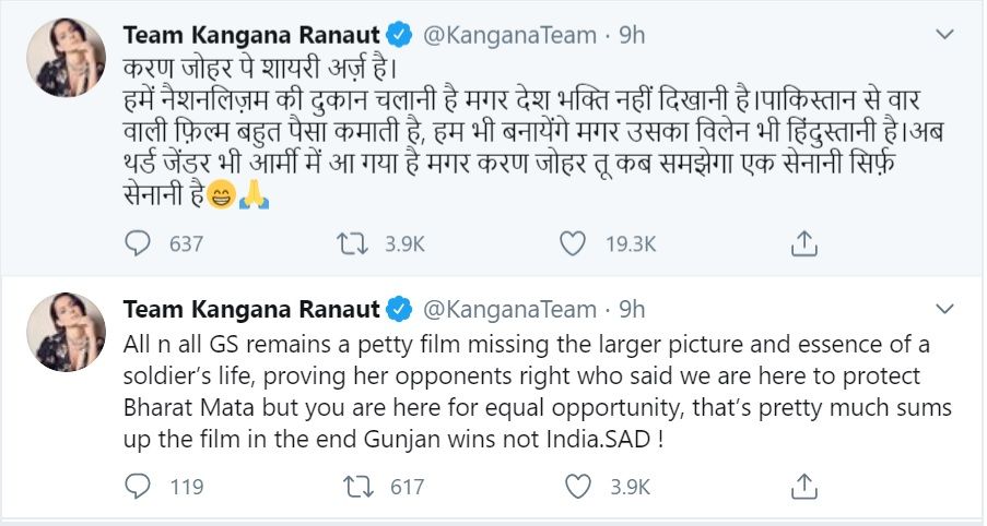 Kangna tweet Shayari on Karan Johar