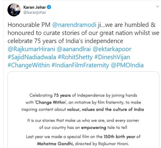 Karan Johar tweet for PM Modi to celebrate 75th Independence Day