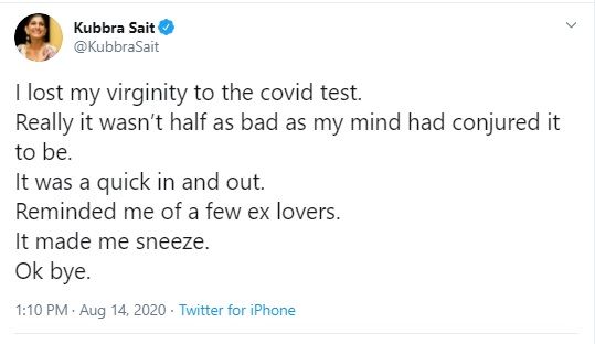 Kubbra Sait tweet on corona test