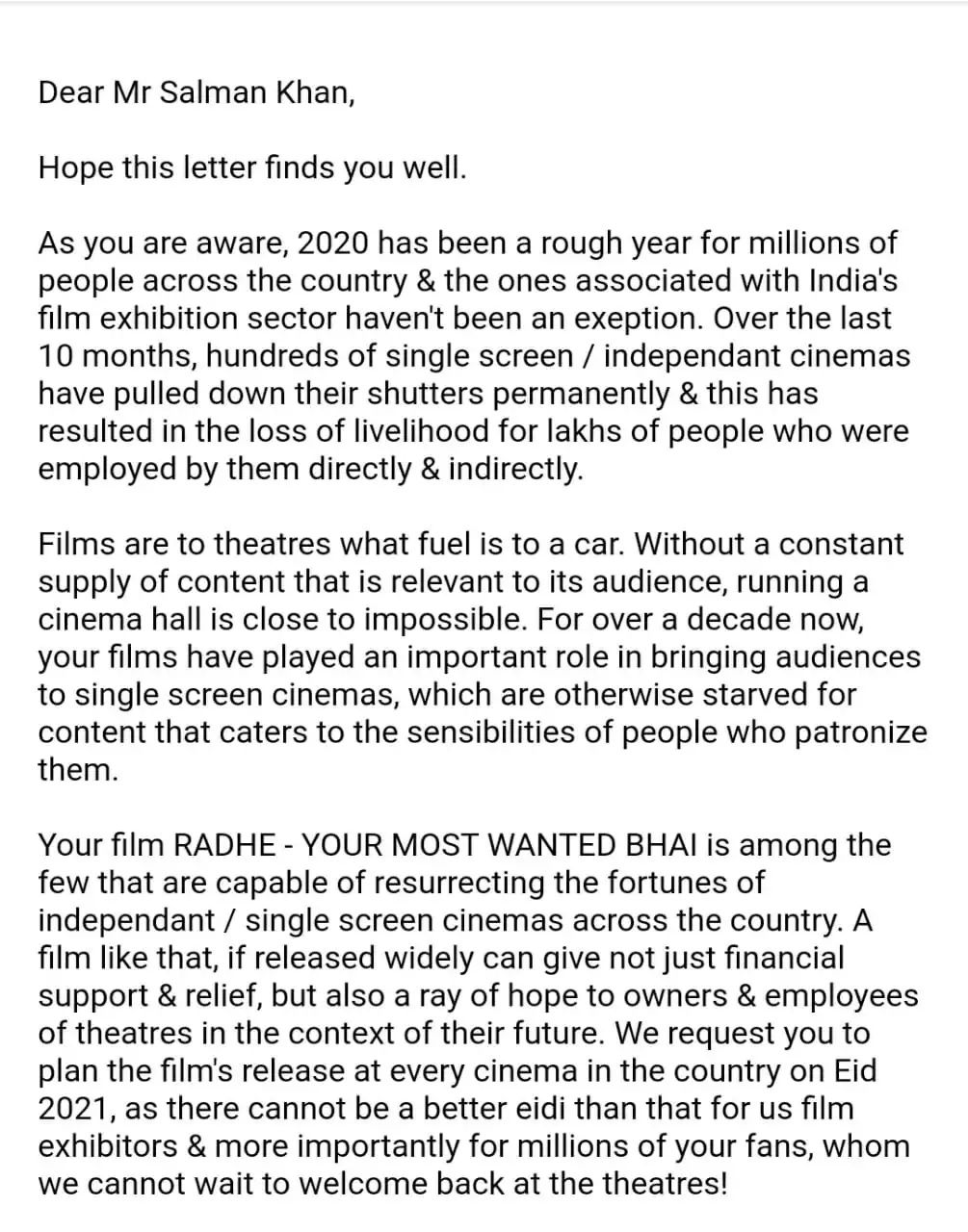 Letter to Salman Khan about Radhe Film