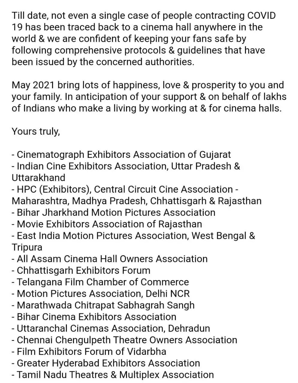 Exhibitors Letter to Salman Khan about Radhe Film
