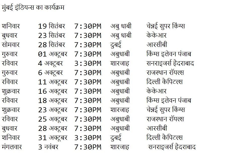 Mumbai Indians IPL 2020 Schedule