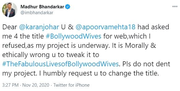 Madhur Bhandarkar tweet on KJO title dispute