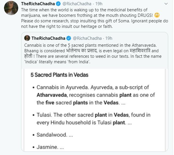 Richa tweet on marijuana