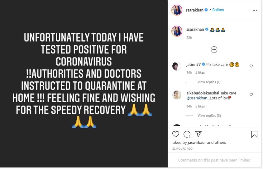 Sara Khan corona post Instagram