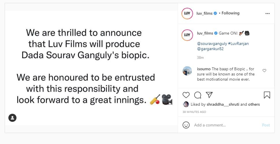 Sourav Ganguly Biopic Film announcement by LUV Films