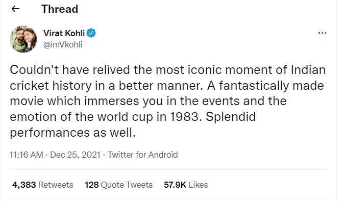 Virat Kohli Tweet on 83