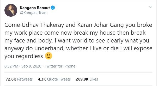 kangna tweet on Udhhav and Karan Johar