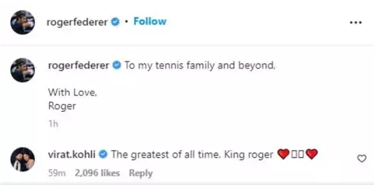 Virat Kohli reaction on Roger Federer retirement