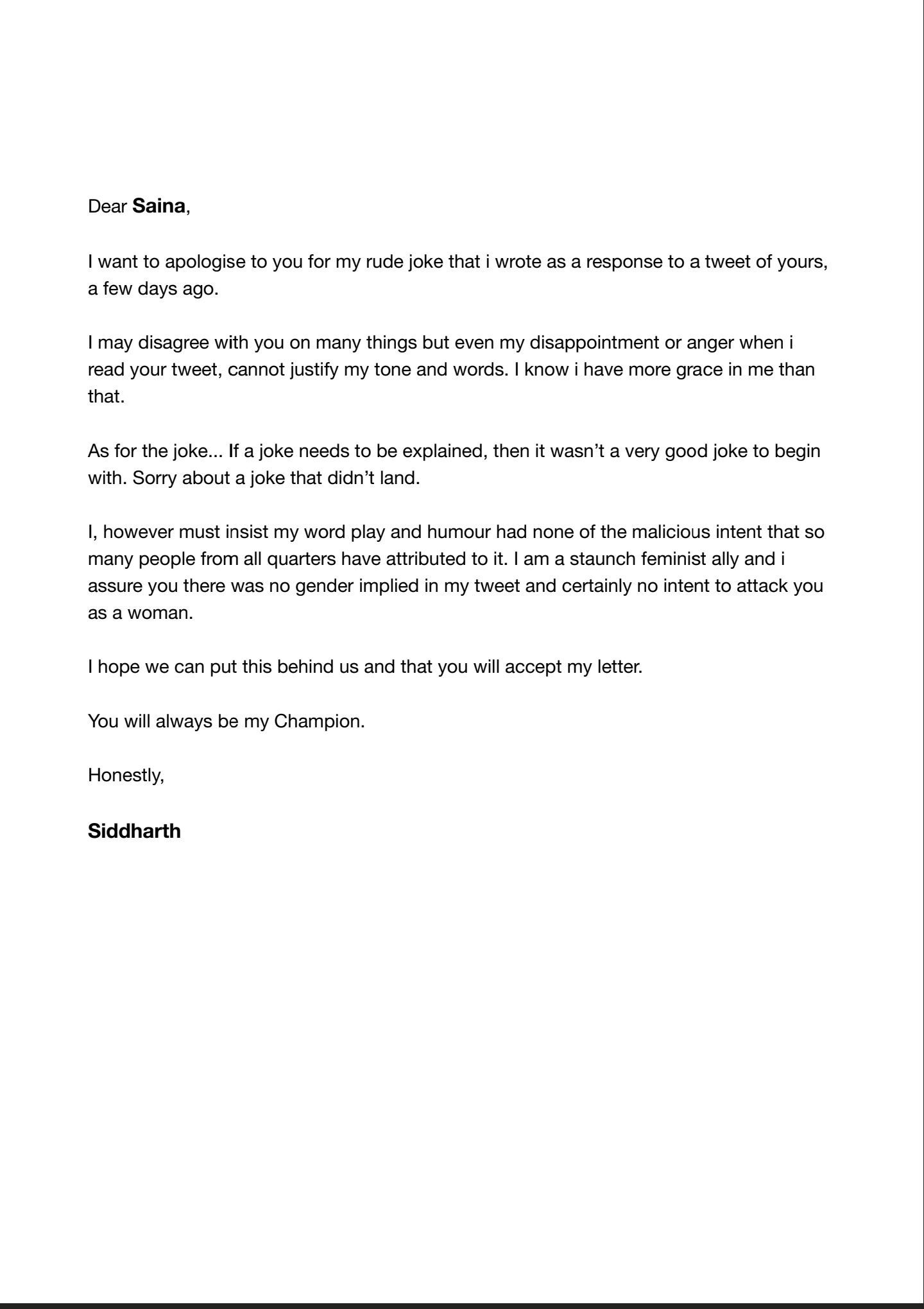 Siddharth apology letter to Saina Nehwal