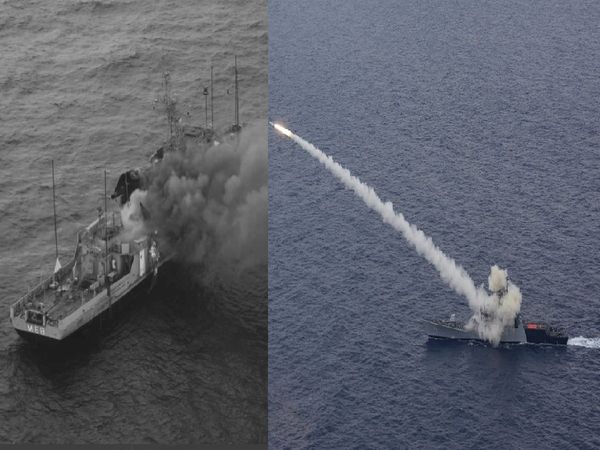 Anti-Ship missile fired by Indian Navy's Guided Missile Corvette INS Kora hits the target in the Bay of Bengal