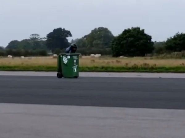 Engineer hits speeds of over 65 km/hr in a garbage bin,  Photo Credit: YouTube