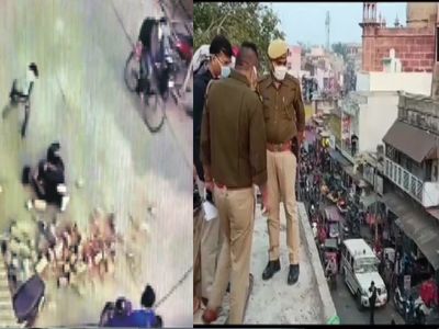 An under-construction pillar in a market in Rajasthan's Bharatpur, collapses on a pedestrian passing by from below An under-construction pillar in a market in Rajasthan's Bharatpur, collapses on a pedestrian passing by from below
