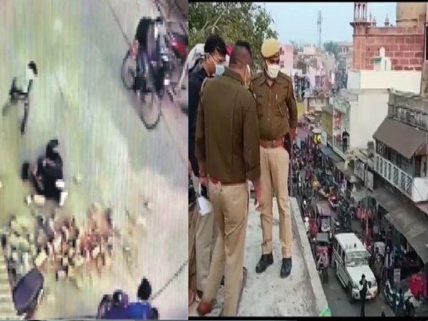 An under-construction pillar in a market in Rajasthan's Bharatpur, collapses on a pedestrian passing by from below