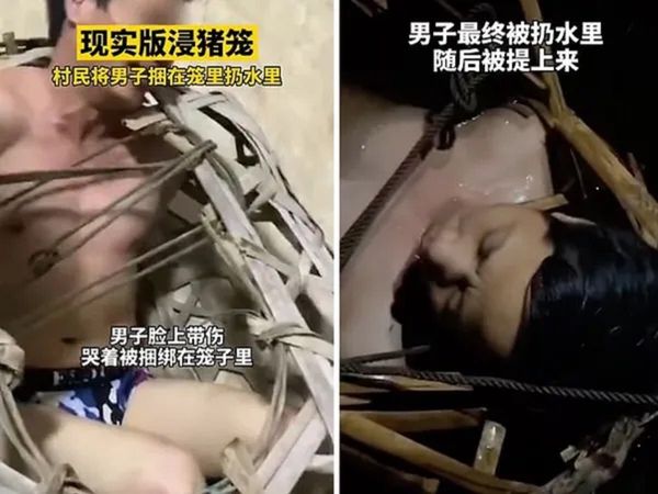 A man in China was tied to a cage and thrown into the river by his wife