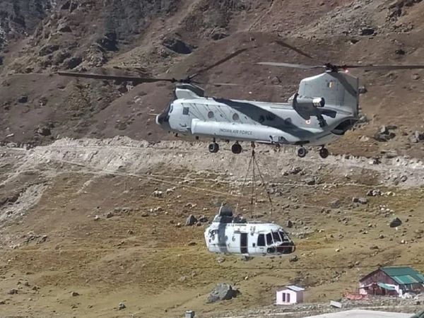 A Chinook helicopter takes off from a helipad in Kedarnath shrine