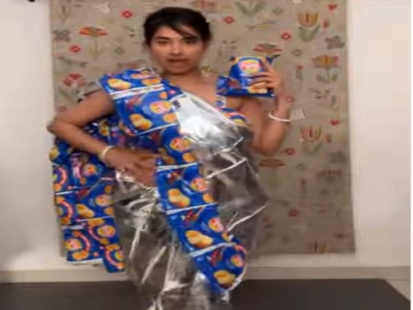 Girl Makes Saree Out Of Potato Chips Wrappers Video Goes Viral