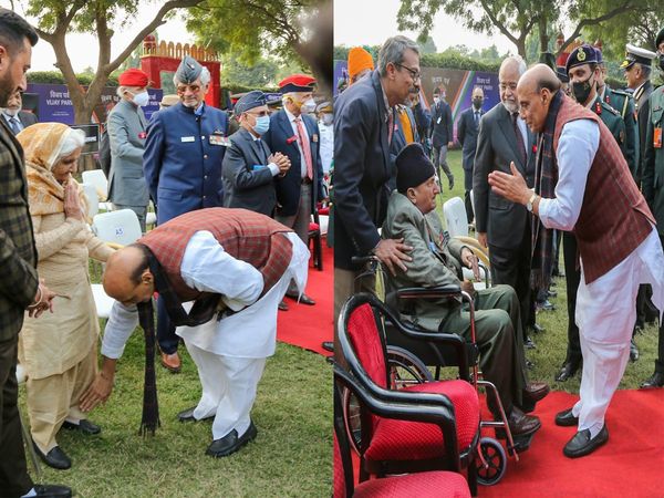 Rajnath Singh touched 1971 War Veteran's wife feet said- We will not let country bow down!