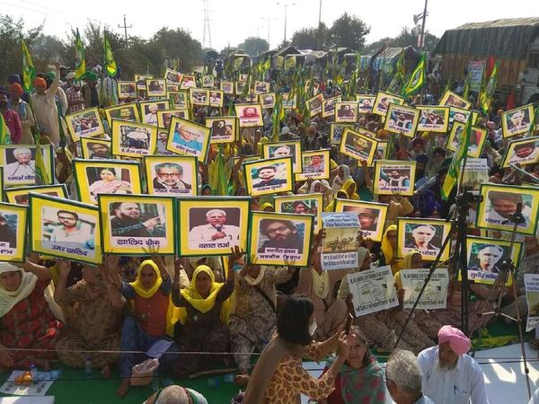 Posters demanding release of Umar Khalid, Sharjeel Imam, Elgar Parishad activists seen at farmers' protest