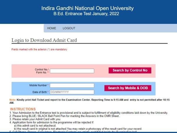 IGNOU B.Ed Admit Card 2022