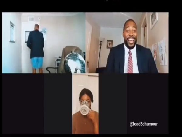 Co workers find out they are both wearing shorts with their blazers during online meeting see this funny video