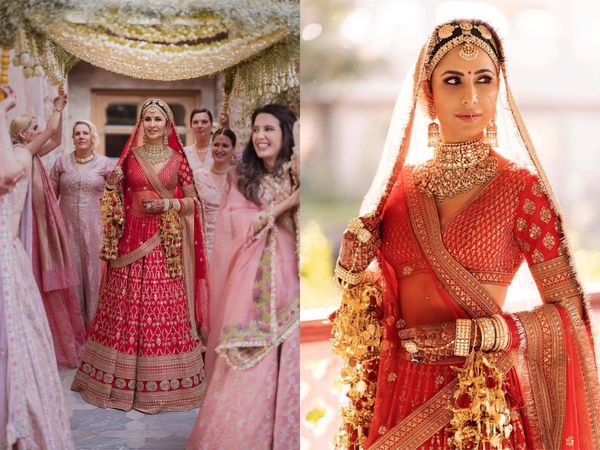 katrina kaif walks down the aisle with her sisters see here pictures, katrina kaif made her entry in canopy wearing red lehenga