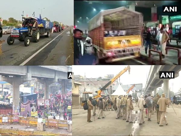  Haryana Vehicles move through Shambhu Toll Plaza in Ambala after farmers closed the toll today against farms law