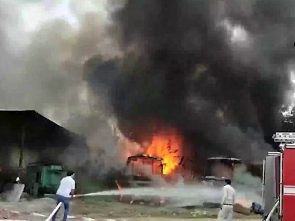 A massive fire broke out in the workshop of private buses in Gurugram, Three buses gutted in fire
