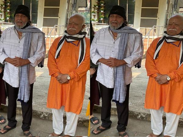 RSS chief Mohan Bhagwat meets actor Mithun Chakraborty at the latter's residence in Mumbai