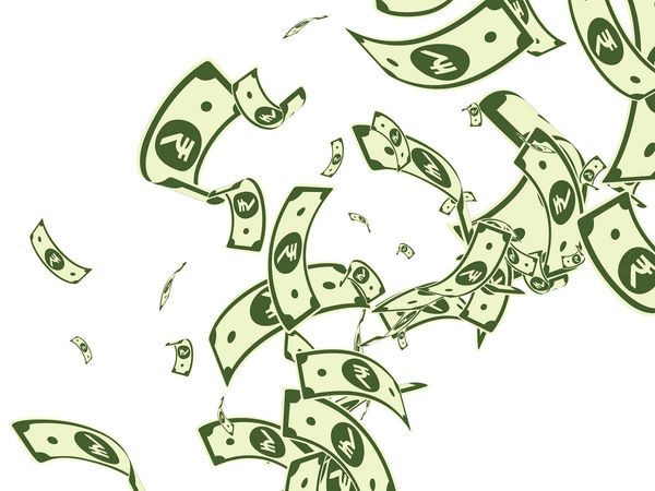 Pieces of currency notes flying in the air