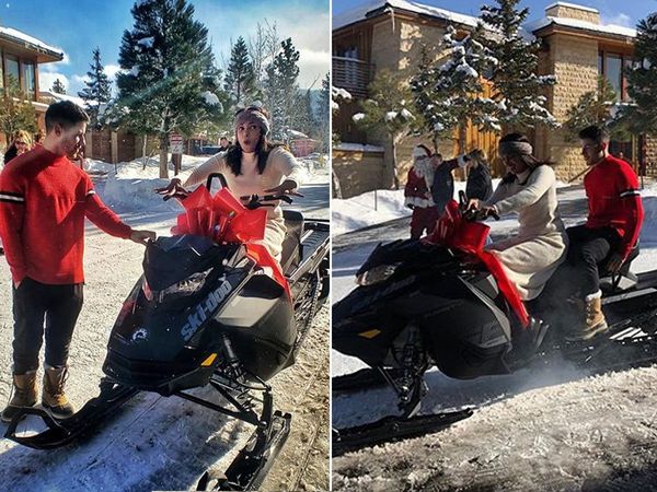 Priyanka Chopra Nick Jonas Christmas Celebration in snow hill With Electric snowmobile Ride