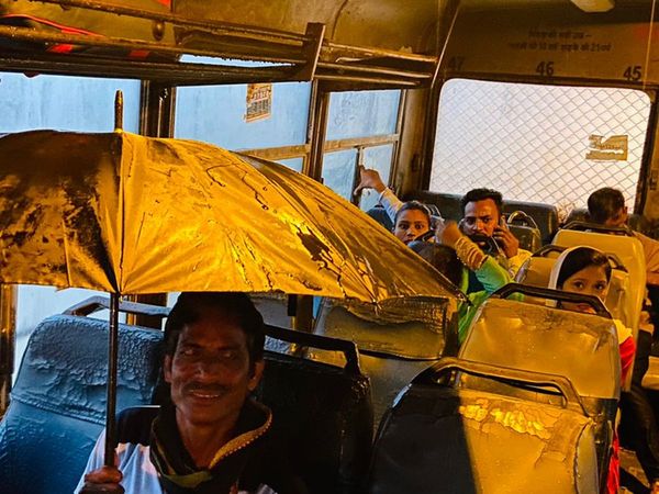 Rajasthan roadways buses reality, Passengers are traveling with an umbrella inside the bus in rain