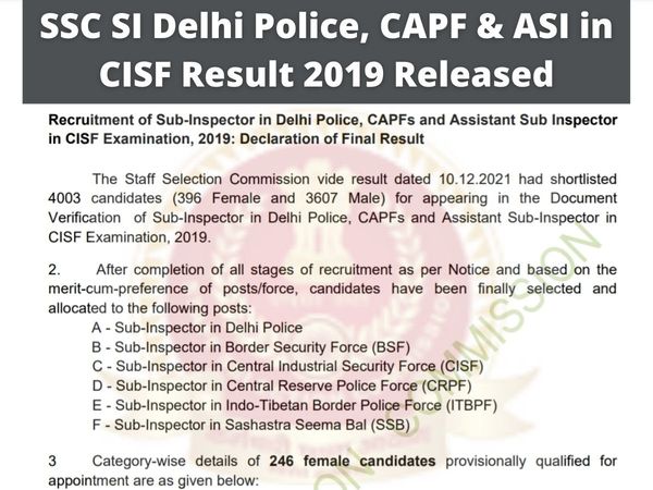 SSC SI Delhi Police, CAPF & ASI in CISF Result 2019, ssc.nic.in