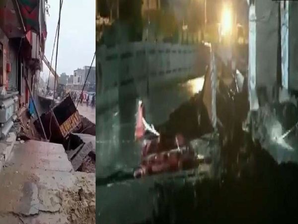  Delhi A truck fell into a caved in portion of the road in Najafgarh