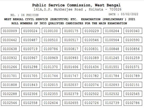 WBPSC WBCS Prelims Result 2021