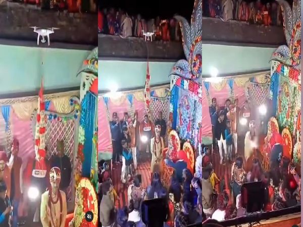 The drone was flying with a garland on the stage, the groom got angry and then what happened, watch Video