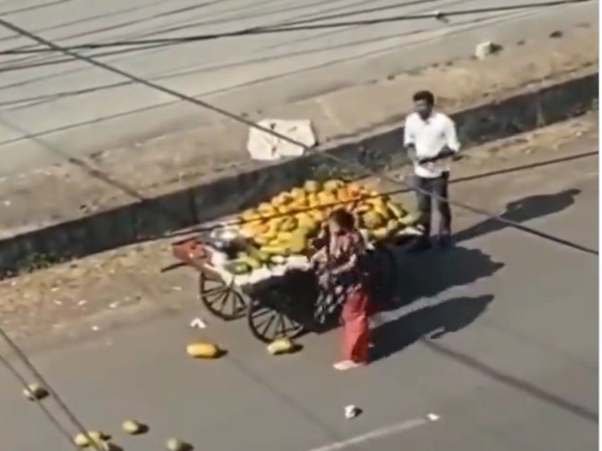 कार में हल्का ठेला टच होने पर भड़की महिला, सड़क पर फेंक दिए सारे फल, वीडियो वायरल