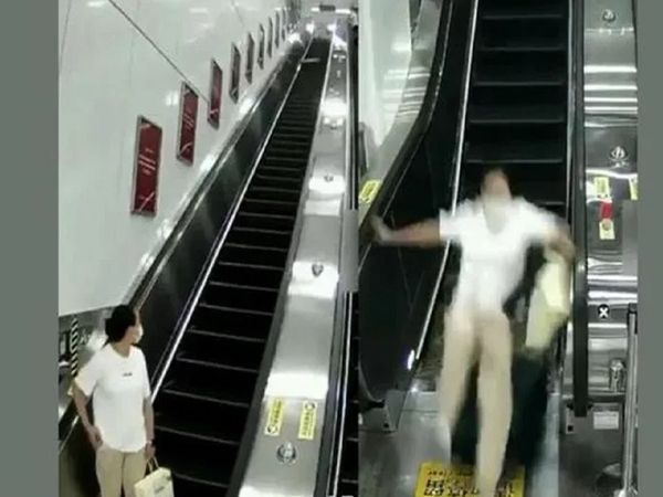 Woman who was going down the escalator gets thrown off after a falling suitcase hits her Watch Video