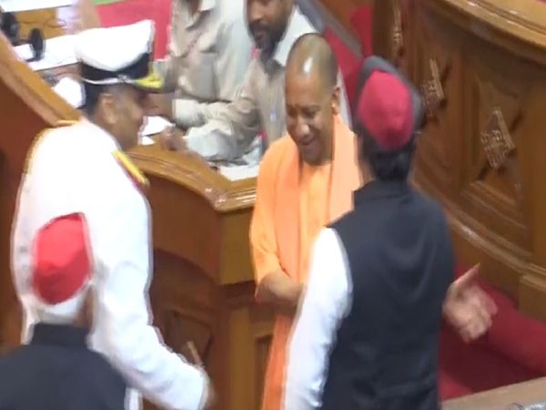 CM Yogi Adityanath meets Akhilesh Yadav in UP Assembly during oath-taking of newly-elected legislators