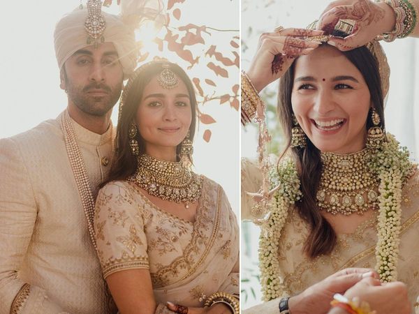 Ranbir Kapoor And Alia Bhatt white pastel color designer outfit details: Mr And Mrs Kapoor First wedding Pics and Wedding album Check here-