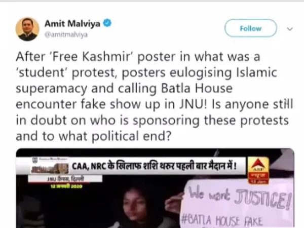 BJP leader Amit Malviya makes sensational charge says Placards calling Batla House encounter ‘fake’ spotted at JNU protests 