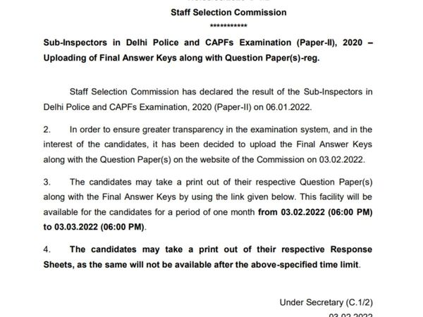 SSC Delhi Police SI Answer Key 2020