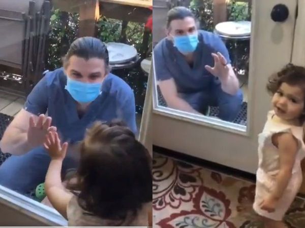 Daughter meet with father in front of glass wall