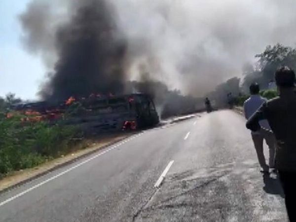 Delhi-Jaipur Highway incident A Bus cought fire after coming in contact with low-lying high voltage wire